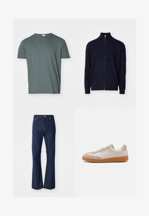 Sweater zippé bleu marine avec un col haut, en tissu côtelé texturé, à manches longues et avec une fermeture éclaire en métal.; T-shirt à col rond vert foncé, à manches courtes, en tissu doux, coupe décontractée, texture lisse, sans motifs ni accents visibles.; Jean en denim bleu foncé taille haute, coupe droite et design cinq poches sur un fond clair uni.; Baskets basses blanches et beiges avec semelle en caoutchouc, lacets blancs, détails en daim et logo doré "Paul Smith" sur le côté.
