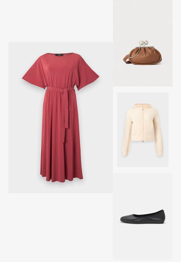Cream-colored knitted zip-up hoodie with long sleeves, ribbed cuffs, and two front pockets, displayed on a plain light background.; Long, flowy reddish-pink dress with wide short sleeves, gathered waist, and a matching fabric belt tied at the front.; Black leather ballet flat with a rounded toe, smooth texture, minimal stitching detail, and a flexible sole design.; Brown leather clutch purse with silver ball clasp and a small silver chain detail on a white background.