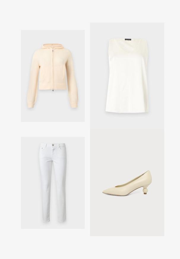 Sweat à capuche crème en tricot à fermeture éclair, manches longues, poignets côtelés et deux poches avant, présenté sur un fond clair uni.; Haut blanc sans manches pour femme avec un décolleté carré et une étiquette Emporio Armani au niveau du col arrière.; Jean blanc slim avec fermeture à boutons et zip à l'avant, passants pour ceinture, poches avant et arrière, présenté sur un fond uni.; Chaussure femme couleur crème à bout pointu avec un petit talon rond en forme de boule, sur fond uni.