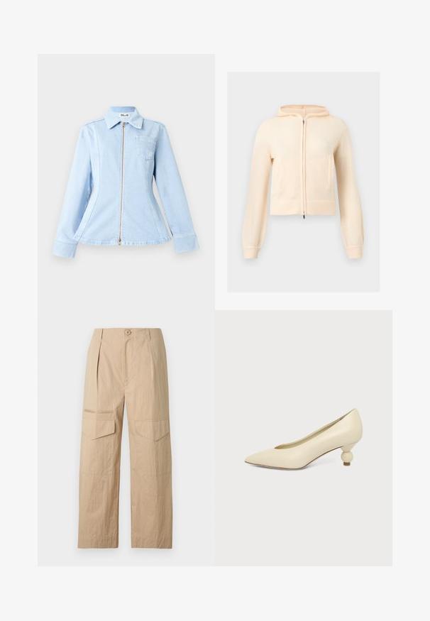 Sweat à capuche crème en tricot à fermeture éclair, manches longues, poignets côtelés et deux poches avant, présenté sur un fond clair uni.; Veste en denim bleu clair avec fermeture éclair, col pointu et une poche poitrine. Présente une coupe ajustée et des manches longues.; Pantalon cargo beige à jambes larges avec fermeture frontale par boutons, passants pour ceinture et poches à rabat sur les cuisses.; Chaussure femme couleur crème à bout pointu avec un petit talon rond en forme de boule, sur fond uni.
