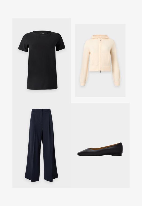 Sweat à capuche crème en tricot à fermeture éclair, manches longues, poignets côtelés et deux poches avant, présenté sur un fond clair uni.; T-shirt noir à manches courtes en tissu de coton doux, doté d'un col rond et d'un design simple et classique sans ornements.; Pantalon large bleu marine avec plis sur le devant, passants pour ceinture et fermeture avant dissimulée.; Chaussure plate en cuir noir à bout pointu avec talon bas et finition lisse, vue de côté sur un fond gris clair.