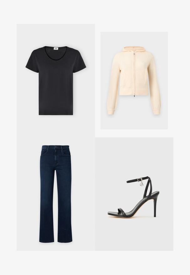 Sweat à capuche crème en tricot à fermeture éclair, manches longues, poignets côtelés et deux poches avant, présenté sur un fond clair uni.; T-shirt noir uni à manches courtes avec col rond et petite étiquette de marque blanche à l'intérieur du col.; Jean droit taille haute bleu foncé avec poches avant, passants pour ceinture et fermeture à bouton sur un fond clair uni.; Sandale à talon haut noire avec une bride étroite à la cheville, bout carré, cuir lisse et accent de boucle métallique.
