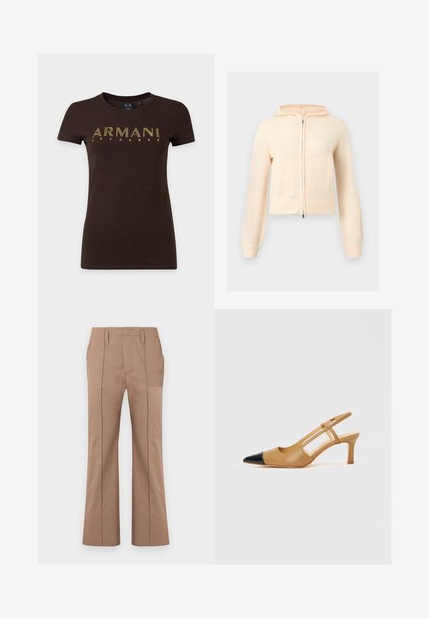 Sweat à capuche crème en tricot à fermeture éclair, manches longues, poignets côtelés et deux poches avant, présenté sur un fond clair uni.; T-shirt marron foncé à manches courtes avec texte contour jaune "ARMANI EXCHANGE" sur la poitrine et col rond.; Pantalon beige droit avec plis devant, passants de ceinture et taille haute, présenté sur fond blanc.; Escarpins slingback couleur fauve avec embout pointu noir, côtés découpés et talon bloc de hauteur moyenne. Matière en cuir lisse.
