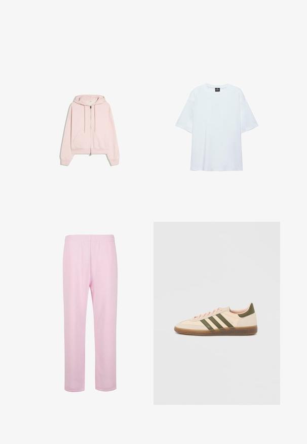 Sweat à capuche zippé rose clair avec cordons, poches avant et poignets côtelés, présenté sur fond blanc.; T-shirt blanc uni oversize à manches courtes avec col rond et étiquette noire à l'intérieur du col sur fond blanc.; Pantalons de survêtement rose clair en coton doux. Dotés d'une taille élastique et d'une coupe droite et décontractée. Pas de poches visibles ni de motifs.; Baskets beige discrètes Adidas Spezial avec des bandes vertes, une semelle en caoutchouc et le logo "SPEZIAL" sur le côté, vues de l'extérieur.
