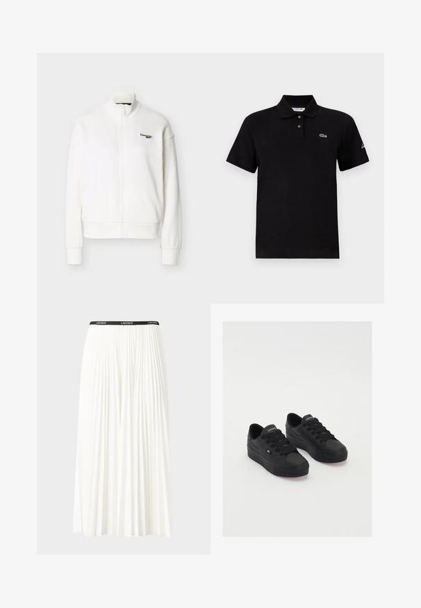 Veste blanche à fermeture éclair avec col montant, manches longues, poignets côtelés et petit logo vert Lacoste sur la poitrine gauche.; Polo noir manches courtes avec deux boutons, un col, petit logo crocodile vert sur la poitrine et inscription blanche sur la manche gauche.; Jupe plissée blanche avec une taille élastique noire portant le logo "LACOSTE". Design mi-long avec une texture douce.; Baskets basses noires en matériau lisse, avec des lacets épais, une semelle texturée et un petit logo sur le côté et la languette.