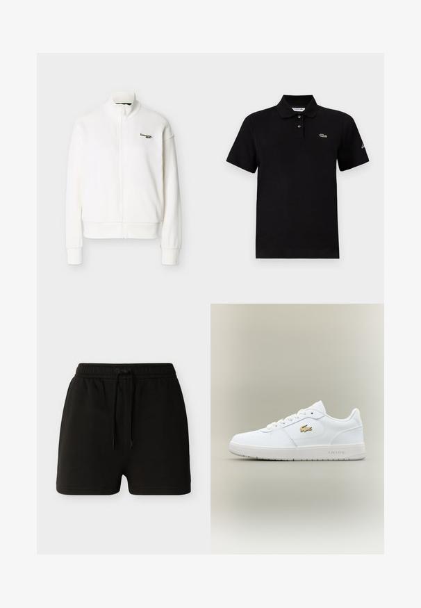 Λευκό μπουφάν με φερμουάρ και ψηλό γιακά, μακριά μανίκια, ριμπ μανσέτες και μικρό πράσινο λογότυπο Lacoste στο αριστερό στήθος.; Μαύρο κοντομάνικο πόλο με δύο κουμπιά, γιακά, μικρό πράσινο λογότυπο κροκόδειλου στο στήθος και λευκό γράμμα στο αριστερό μανίκι.; Μαύρα σορτς με ελαστική μέση και μπροστινό κορδόνι, απλό σχέδιο και ίσια ραφή, με φόντο απλό ανοιχτό χρώμα.; Λευκά δερμάτινα αθλητικά παπούτσια με χαμηλό σχεδιασμό, στρογγυλή μύτη, κλείσιμο με κορδόνια και χρυσό λογότυπο Lacoste στο πλάι.