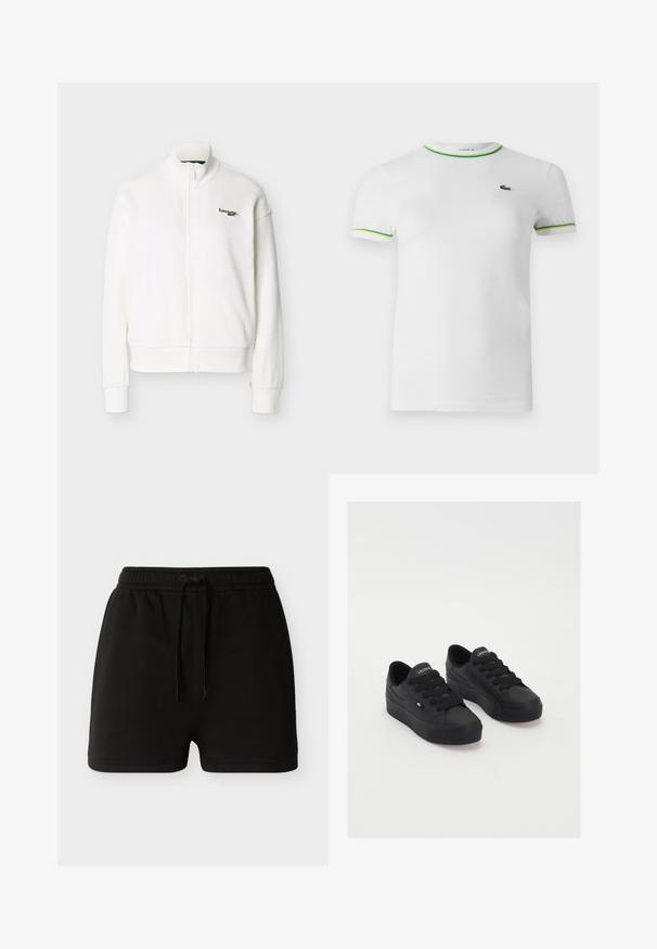 Weiße Reißverschlussjacke mit hohem Kragen, langen Ärmeln, gerippten Bündchen und kleinem grünen Lacoste-Logo auf der linken Brust.; Weißes Baumwoll-T-Shirt mit kurzen Ärmeln, runder Ausschnitt und grünen sowie gelben Ripp-Details am Kragen und den Ärmelabschlüssen. Lacoste-Logo auf der Brust.; Schwarze Shorts mit elastischem Bund, vorn mit Kordelzug, schlichtem Design und geradem Saum vor einem schlichten hellen Hintergrund.; Schwarze Low-Top-Sneaker aus glattem Material, mit dicken Schnürsenkeln, einer strukturierten Sohle und einem kleinen Logo an der Seite und auf der Zunge.