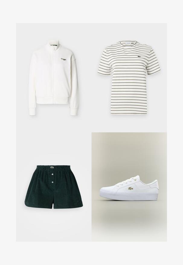 Chaqueta blanca con cremallera, cuello alto, mangas largas, puños acanalados y pequeño logo verde de Lacoste en el pecho izquierdo.; Camiseta de rayas en blanco con finas líneas verde oliva. Presenta un cuello redondo, mangas cortas y un pequeño logo de Lacoste en el pecho.; Pantalones cortos de pana verde oscuro con cintura elástica, tres botones en la parte delantera y detalle de logo bordado en un costado.; Zapatilla blanca de caña baja con suela gruesa, parte delantera con cordones y pequeño logo de cocodrilo dorado en el lateral.