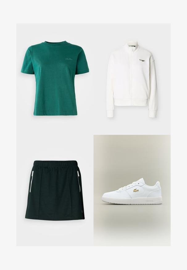 Chaqueta blanca con cremallera, cuello alto, mangas largas, puños acanalados y pequeño logo verde de Lacoste en el pecho izquierdo.; Camiseta verde de manga corta, hecha de una tela suave, con escote redondo y un sutil acento de logo en la parte delantera.; Falda deportiva negra fabricada con material suave, con una cintura elástica, dos bolsillos laterales con cremallera y detalles de pliegues para una forma estructurada.; Zapatillas de cuero blancas con un diseño de corte bajo, puntera redonda, cierre de cordones y un acento del logo dorado de Lacoste en el lateral.