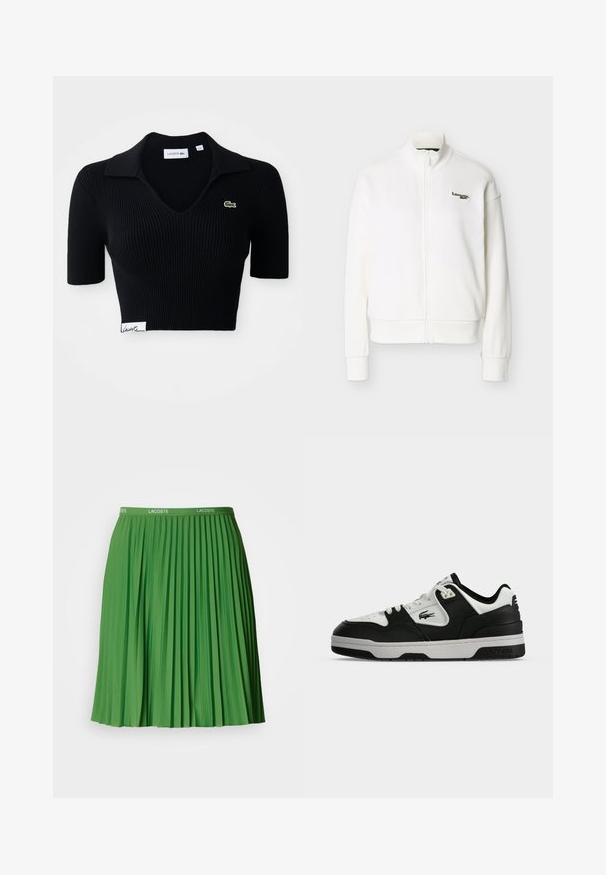 Witte jas met rits, hoge kraag, lange mouwen, geribbelde manchetten en een klein groen Lacoste-logo op de linkerborst.; Zwarte cropped poloshirt van ribstof met een V-hals, korte mouwen en een groen geborduurd logo op de linkerborst. Witte label aan de zoom.; Groene geplooide rok met een elastische tailleband met het Lacoste-logo. Gemaakt van glad materiaal, heeft het duidelijke verticale plooien en een lengte tot de knieën.; Lage zwart-witte Lacoste sneaker met vetersluiting en logo op de zijkant, weergegeven vanaf de buitenkant tegen een effen achtergrond.