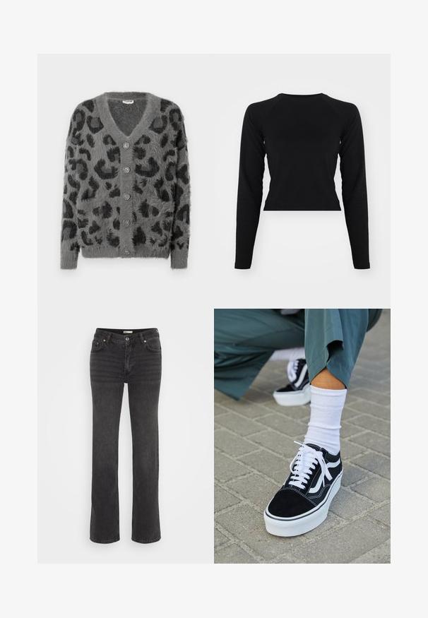 Grå leopardmønstret cardigan med en fuzzy tekstur, en V-halsudskæring og seks grå knapper langs fronten. Lange ærmer og en afslappet pasform.; Sort langærmet crop top med rund hals og raglanærmer. Glat tekstur, minimalistisk design og ingen synlige mønstre eller hardware.; Sorte denimbukser med lige ben, med knaplukning, fem lommer og let udvaskning. Glat tekstur og klassisk design.; Sorte ruskinds sneakers med hvide accenter og snørebånd, der har en tyk hvid sål og kontrasterende syninger, parret med en hvid sok.