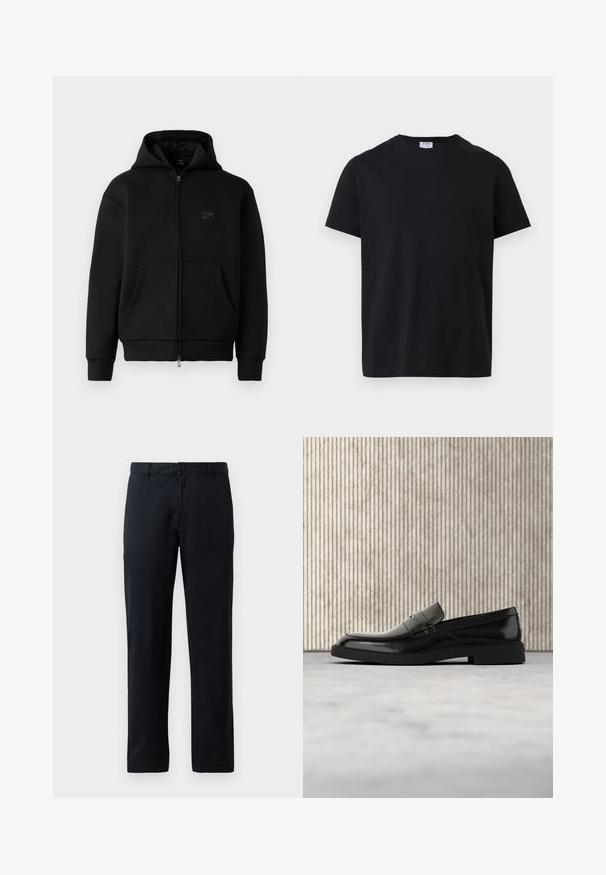 Haut à capuche noir avec fermeture éclair, fabriqué à partir d'un matériau doux, présente un patch logo à l'avant, deux poches avant et des poignets et un ourlet côtelés.; T-shirt noir à manches courtes et col rond avec une petite étiquette blanche à l'intérieur du col, présenté à plat sur un fond blanc.; Pantalon noir à jambes droites en tissu lisse. Présente une fermeture à bouton unique et des passants de ceinture, sans motifs ni accents visibles.; Mocassin en cuir noir poli flottant au-dessus d'un tapis beige avec un mobilier translucide orange en arrière-plan.