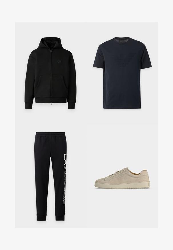 Sudadera con capucha negra con cremallera, hecha de material suave, presenta un parche con logo en el frontal, dos bolsillos delanteros y puños y dobladillo acanalados.; Camiseta negra de manga corta con cuello redondo, con un sutil logo de águila en relieve en el pecho y una etiqueta de marca dentro del cuello.; Pantalones de chándal negros hechos de una mezcla de algodón, con una cinturilla elástica, piernas estrechas, puños acanalados y estampado de logo blanco en el lateral.; Zapatilla beige de ante de tacón bajo con cierre de cordones y suela gruesa de goma, mostrada de lado sobre un fondo blanco liso.