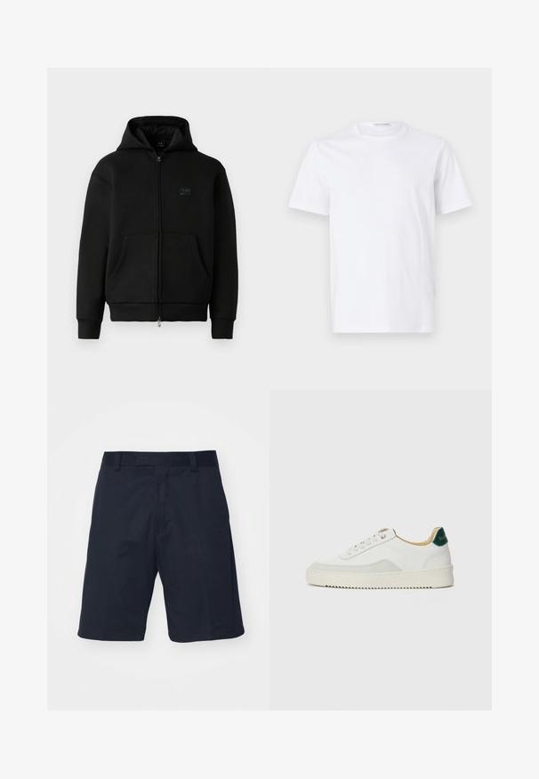 Black hoodie med lynlås, lavet af blødt materiale, har et logo-patch på forsiden, to frontlommer og ribbede manchetter og kant.; Hvid bomulds t-shirt med rund halsudskæring og korte ærmer. Glat tekstur, lige snit og minimalistisk design uden mønstre eller accenter.; Sorte shorts lavet af et glat stof, med flad front, bæltestropper og knælangt design uden synlige mønstre eller hardware.; Hvide sneakers med ruskindsdetaljer, rund tå, flade snørebånd og en cremet gummisål. Har grøn branding på hælen.