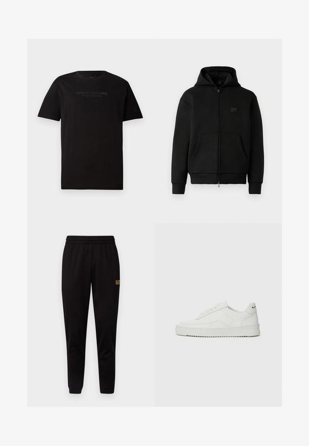 Haut à capuche noir avec fermeture éclair, fabriqué à partir d'un matériau doux, présente un patch logo à l'avant, deux poches avant et des poignets et un ourlet côtelés.; T-shirt en coton noir avec un col rond et des manches courtes. Sur le devant, on trouve un texte en relief "ARMANI EXCHANGE MILANO / NEW YORK".; Pantalons de survêtement noirs avec une taille élastique, des poignets ajustés et un petit logo jaune sur la cuisse gauche. Texture de tissu douce et lisse.; Baskets en cuir blanc avec une finition lisse, bout arrondi, lacets plats et semelle texturée. Présente un logo discret sur le talon.
