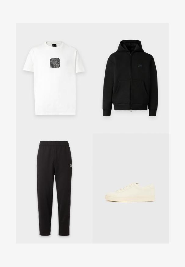 Black hoodie med lynlås, lavet af blødt materiale, har et logo-patch på forsiden, to frontlommer og ribbede manchetter og kant.; Hvid t-shirt med korte ærmer, der har et lille sort firkantet grafik med hvide prikker og teksten "Armani Exchange" på brystet.; Sorte elastiske sweatpants med taperede ben og et lille hvidt logo på den øverste venstre lår.; Sneaker i cremefarve med en glat læderoverdel, rundet tå, snørelukning foran og en tekstureret gummisål. Minimalistisk design uden logoer.