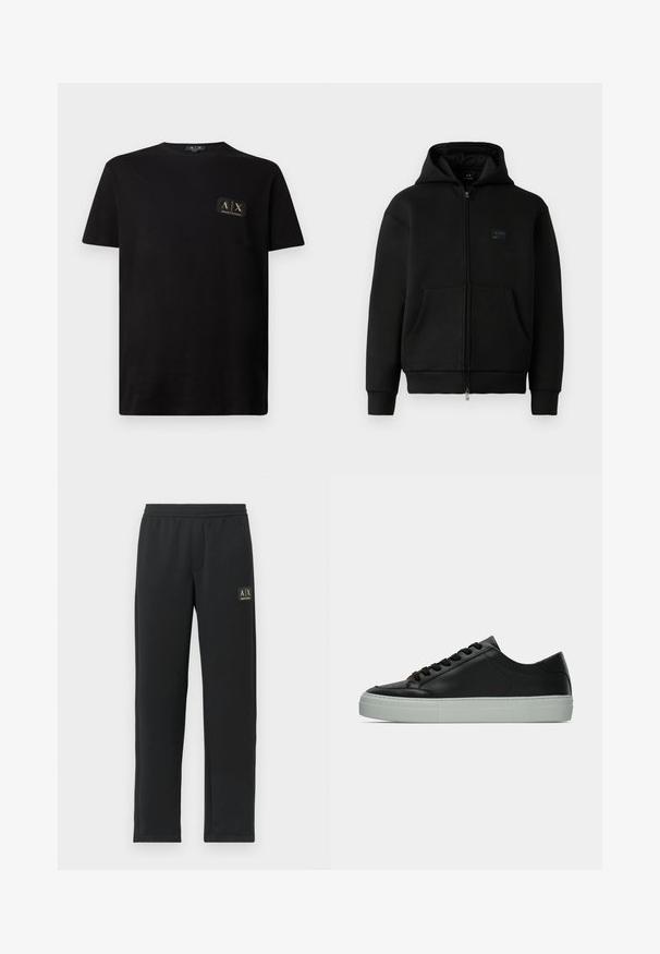 Black hoodie med lynlås, lavet af blødt materiale, har et logo-patch på forsiden, to frontlommer og ribbede manchetter og kant.; Sort bomulds t-shirt med korte ærmer og rund hals. Har et lille sort og guld logo patch på venstre brystområde.; Sorte sweatpants med lige ben, elastisk talje og sort logo-patch på venstre lår.; Sort læder sneaker med en glat finish, der har en bred tåboks og en lys grå gummisål. Snørebånd og minimale detaljer fuldender designet.