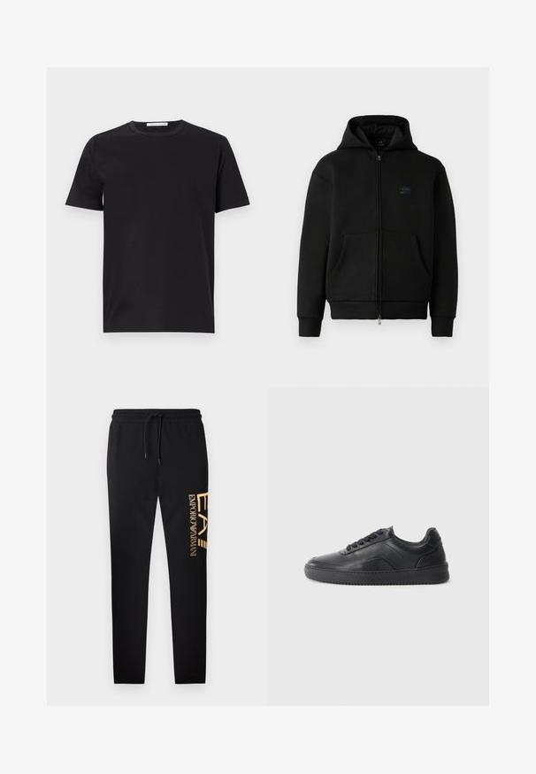 Black hoodie med lynlås, lavet af blødt materiale, har et logo-patch på forsiden, to frontlommer og ribbede manchetter og kant.; Sort bomulds T-shirt med rund hals, korte ærmer og en glat tekstur. Har et synligt mærkeetiket ved halsudskæringen.; Sorte joggingbukser med en behagelig pasform, prydet med et gyldent logo med "EA" og "EMPORIO ARMANI" på venstre side, med elastisk talje.; Sorte lædersneakers med en glat finish, rund tå, struktureret sidelæder og sorte snørebånd. Har en flad gummisål og et minimalistisk design.