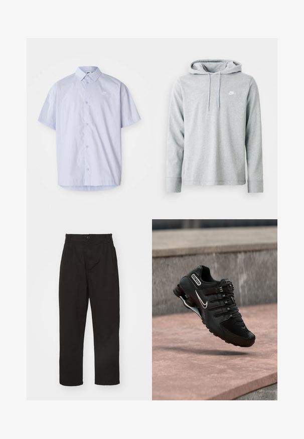 Lichtgrijze hoodie van zacht materiaal, met lange mouwen, een voorzak in kangoeroestijl en een klein wit logo op de borst.; Lichtblauw overhemd met korte mouwen, gemaakt van gladde stof, met een knoopsluiting en een klein wit Nike-logo op de borst.; Zwarte broek van gladde stof, met knoopsluiting, rechte snit en twee voorplooien voor extra detail.; Zwarte Nike Shox hardloopschoen met wit swoosh-logo, zwevend boven een roze betonoppervlak tegen een grijze stenen muur als achtergrond.