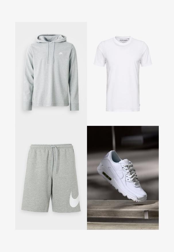 Sudadera gris claro de tejido suave, con mangas largas, un bolsillo tipo canguro en la parte frontal y un pequeño logo blanco en el pecho.; Camiseta de manga corta blanca, hecha de algodón, con cuello redondo y un diseño sencillo. Etiqueta de la marca visible en la zona del cuello. Sin patrones ni detalles.; Pantalones cortos deportivos gris claro con cintura elástica, cordón ajustable y un gran logotipo blanco de Nike Swoosh en la parte inferior de la pierna izquierda.; Zapatilla blanca de piel con superficies texturizadas, cuello acolchado y amortiguación de aire visible en la suela. Presenta cordones y un diseño minimalista.
