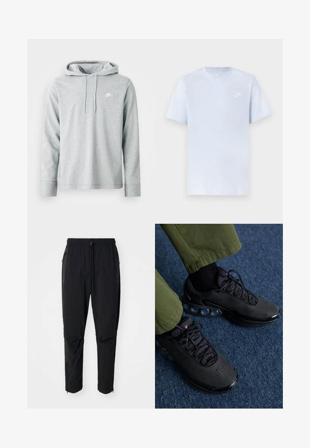 Lys grå hættetrøje lavet af blødt stof, med lange ærmer, en frontkangaroo-lomme og et lille hvidt logo på brystet.; Lyseblå bomulds t-shirt med korte ærmer, rund hals og et hvidt Nike-logo trykt på venstre bryst. Glat tekstur, simpelt design.; Sort, lette udendørsbukser med elastisk talje og justerbar snoretræk. Har lynlåslommer og tapered manchetter.; Sorte sportssko med mesh-overdel, tekstureret overflade og synlige luftpolstringselementer. Kombineret med olivengrønne bukser og sorte sokker.
