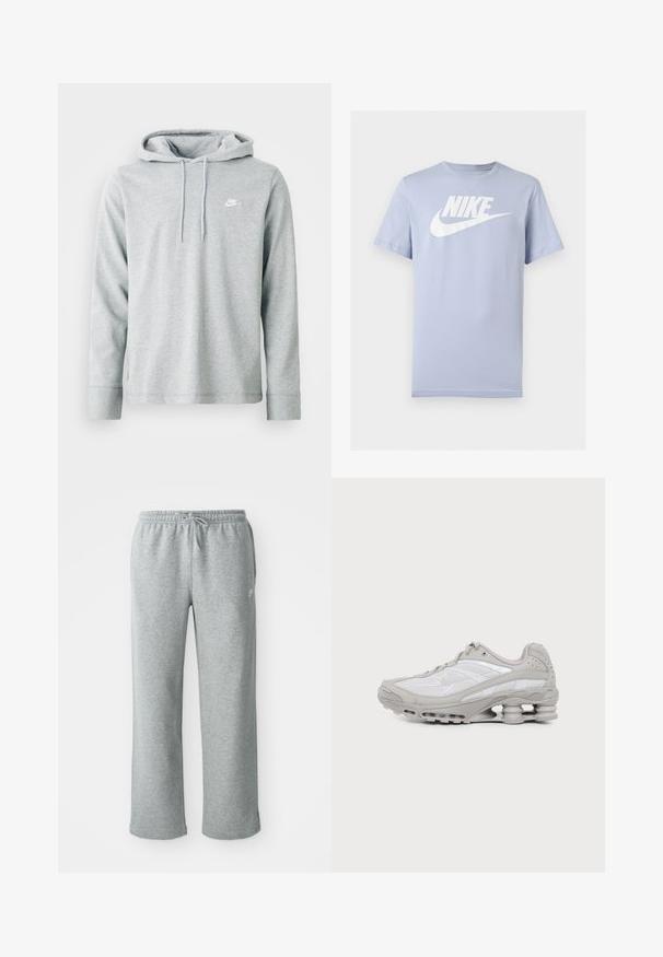 Hellgrauer Hoodie aus weichem Material, mit langenÄrmeln, einer frontalen Kängurutasche und einem kleinen weißen Logo auf der Brust.; Hellblaues Kurzarm-T-Shirt aus Baumwolle mit weißem Nike-Logo und Swoosh auf der Brust, vor einfarbigem Hintergrund dargestellt.; Graue Sweatpants aus Baumwolle mit elastischem Bund, Kordelzugverschluss und geraden Beinen. Verfügt über ein kleines Logo auf der oberen linken Seite.; Grauer und weißer Sportschuh mit sichtbarer Luftpolstersohle und Mesh-Einsätzen, im Profil auf einfachem hellem Hintergrund gezeigt.