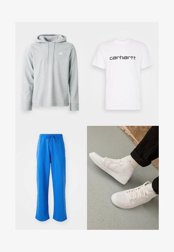 Hoodie gris clair en tissu doux, avec des manches longues, une poche kangourou à l'avant et un petit logo blanc sur la poitrine.; T-shirt en coton blanc à manches courtes et col rond. Présente un grand logo "carhartt" en marron foncé sur la poitrine.; Jordan PANT - Pantalon de survêtement - sport blue/white; Baskets montantes blanches en cuir lisse avec un bout perforé, fermeture à lacets et un discret logo sur le côté. Semelle en caoutchouc texturé.