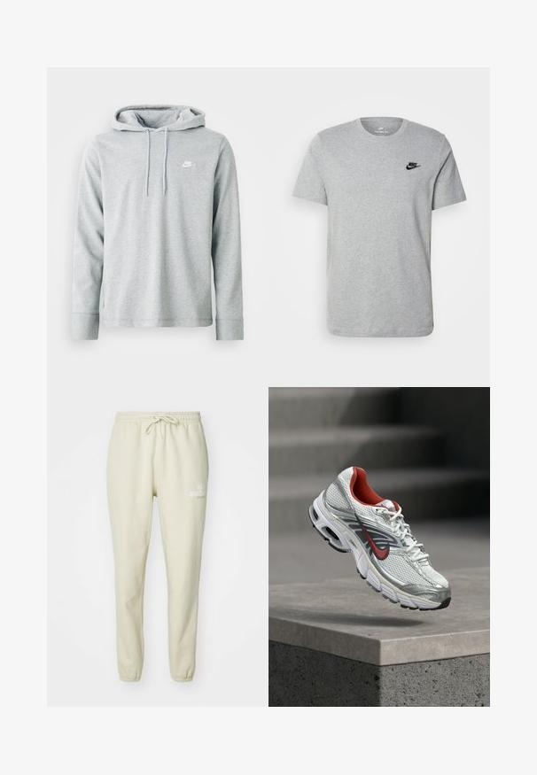 Heled hallist kangaroo taskuga pehme kangast kapuutsiga, pikkade varrukatega ja rinnal väikese valge logoga.; Halli lühikeste varrukatega T-särk, mis on valmistatud puuvillast ja millel on rinnal must Nike'i logo ning ümar kaelus. Minimalistlik disain, ilma mustriteta.; Heledbeez värvi dressipüksid, mis on valmistatud pehmest kangast. Neil on elastne vöökoht koos kujunduse reguleerimise köiega, kinnised pahkluud ja väike trükitud logo detail.; Valge ja hõbedane Nike jooksujalats, millel on punased aksendid, hõljub betoonserva kohal, näidates selle külje ja talla detaile.