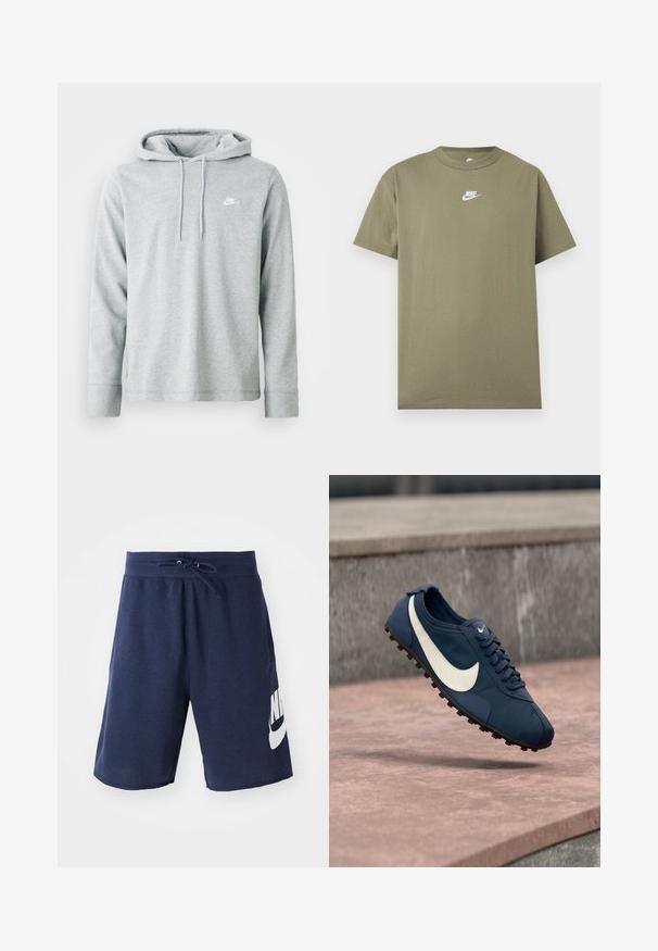 Heled hallist kangaroo taskuga pehme kangast kapuutsiga, pikkade varrukatega ja rinnal väikese valge logoga.; Oliviroheline lühikeste varrukatega Nike T-särk, valge logoga rinnal, hele hallil ühevärvilisel taustal.; Tumedate sinised spordilühikesed püksid, mis on valmistatud puuvilla segust, omavad elastset vöökohta paelaga, küljetaskuid ja suurt valget logo vasakul jalal.; Sinine Nike spordijalats valge swoosh-logo, musta kinnitatud tallaga ja paeltega, kivipinna kohal rippumas.