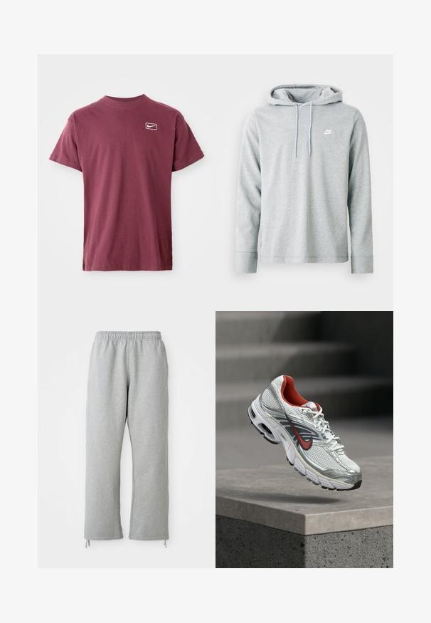 Lichtgrijze hoodie van zacht materiaal, met lange mouwen, een voorzak in kangoeroestijl en een klein wit logo op de borst.; Bordeaux kortemouwen T-shirt met ronde hals en een klein wit Nike swoosh-logo binnen een afgeronde rechthoek op de linkerborst.; Grijze sweatpants met een elastische tailleband, rechte pijpen en trekkoordaccenten aan de zoom. Gemaakt van zachte, gestructureerde stof.; Witte en zilveren Nike hardloopschoen met rode accenten die zweeft boven een betonnen rand, waarbij de zijkant en zool details worden getoond.
