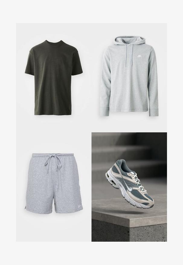 Hellgrauer Hoodie aus weichem Material, mit langenÄrmeln, einer frontalen Kängurutasche und einem kleinen weißen Logo auf der Brust.; Dunkelgrünes T-Shirt aus weichem Stoff, mit Rundhalsausschnitt und kurzen Ärmeln. Gesticktes "nike"-Logo in einem etwas dunkleren Grün.; Graue Baumwoll-Sportshorts mit einem verstellbaren Kordelzugbund, seitlichen Eingrifftaschen und einem kleinen Logo am unteren Saum.; Grauer und weißer Nike-Laufschuh mit Mesh-Obermaterial und gedämpfter Sohle, schwebend über einem Betonsims vor einem unscharfen grauen Hintergrund.
