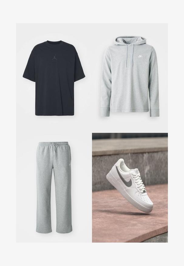 Hellgrauer Hoodie aus weichem Material, mit langenÄrmeln, einer frontalen Kängurutasche und einem kleinen weißen Logo auf der Brust.; Schwarzes Baumwoll-T-Shirt mit lockerem Schnitt, rundem Hals, kurzen Ärmeln, mit einem dezenten Logo und dem Text "AIR" über dem Logo in der Mitte.; Graue Sweatpants aus Baumwolle mit elastischem Bund, Kordelzugverschluss und geraden Beinen. Verfügt über ein kleines Logo auf der oberen linken Seite.; Weißer Nike Air Force 1 Sneaker mit grauem Swoosh-Logo, der über einer Steinoberfläche und einem grauen Steinwandhintergrund schwebt.