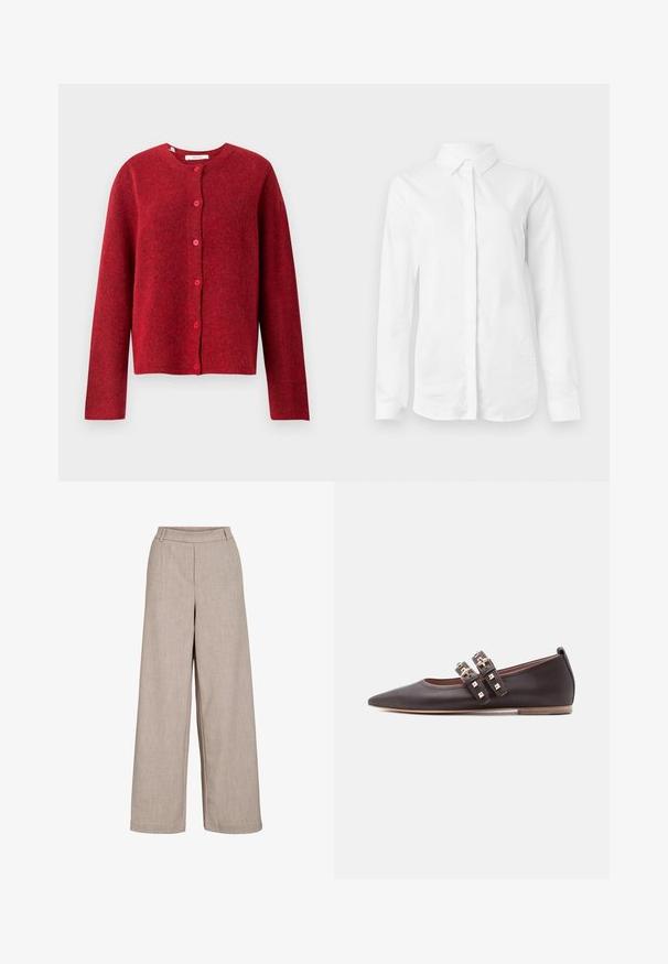 Selected SLFLULU - Cardigan - equestrian red; Hvid langærmet skjorte lavet af glat bomuld. Har en klassisk krave og en knaplukning fortil med en lige kant uden mønstre.; Beige brede bukser lavet af letvægtsstof. Har en glat tekstur, en tætsiddende talje og sidelommer for funktionel detaljer.; Mørkebrune flade spidse sko med dobbelte stropper med guldfarvede spænder og pyramidepynte nitter samt en lav tanfarvet sål.