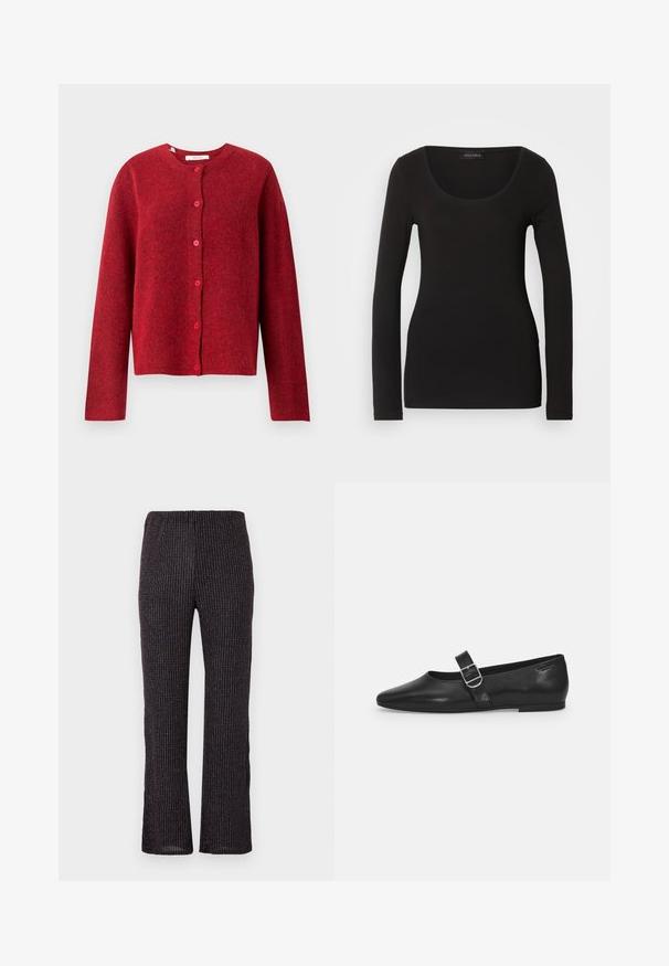 Selected SLFLULU - Chaqueta de punto - equestrian red; Top negro de mangas largas con escote redondeado, hecho de una tela suave y elástica. Presenta una forma ajustada y una textura suave. Etiqueta de la marca visible.; Pantalones negros acanalados con una cintura elástica, que cuentan con un corte de pierna recta y sutiles destellos iridiscentes por todo el tejido texturizado.; Zapato plano de cuero negro con punta redondeada, una sola correa ajustable con hebilla y una textura suave y brillante. Diseño minimalista con un tacón bajo.