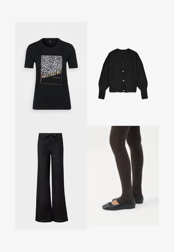 Sort strikket cardigan med lange ærmer, V-udskæring og tre sølvknapper foran, lagt fladt på en hvid baggrund.; Sort bomuld T-shirt med leopardmønster og gyldent tekst, der står "femmes FUTURE" inden for en rektangulær ramme.; Sorte vidde bukser med forlommer i lap-stil og en snøre i taljen med metaløjer på en hvid baggrund.; Ben iført mørke ribbede leggings kombineret med sorte balletsko med små sløjfedetaljer på hvid baggrund.