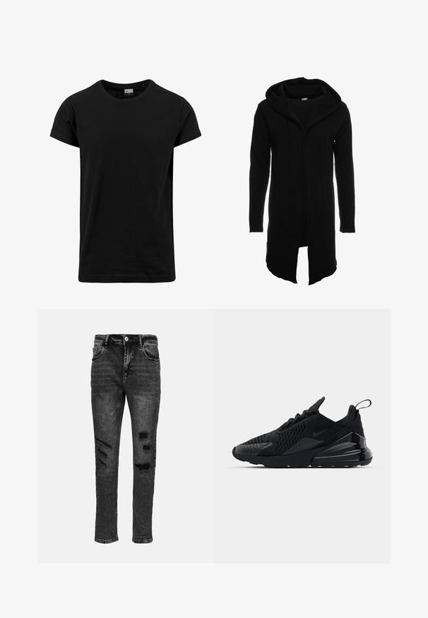 Schwarzer langer Hoodie mit einem Reißverschluss auf der Vorderseite, aus weichem Stoff, verfügt über eine Kapuze und lange Ärmel, mit geradem Saum und ohne sichtbare Muster.; Schwarzes T-Shirt aus Baumwolle, mit klassischem Rundhalsausschnitt, kurzen, umgeschlagenen Ärmeln und geradem Saum. Einfaches, einfarbiges Design ohne Muster.; Schwarze Denim-Jeans mit schlanker Passform, die an den Oberschenkeln und Knien ausgefranste Risse aufweisen, fünf Taschen und einen klassischen Knopfverschluss haben.; Schwarzer Nike Air Max 270 Sneaker mit strukturiertem Obermaterial, Mesh-Einsätzen und einer glänzenden Ferse mit einer auffälligen Luftpolsterungseinheit.