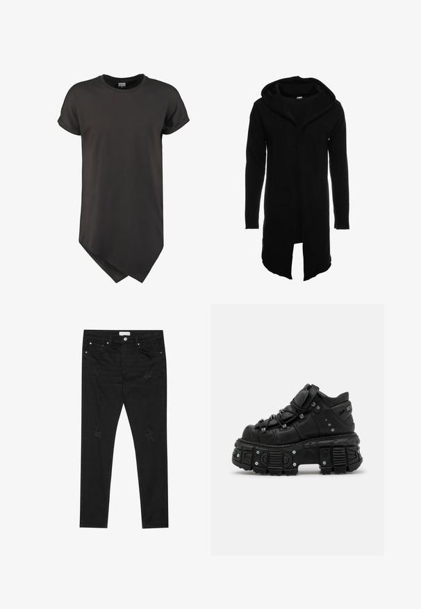 Sort lang hoodie med lynlås fortil, lavet af blødt stof, har hætte og lange ærmer, med lige kant og uden synlige mønstre.; Sort kortærmet T-shirt lavet af glat stof, med en buet kant og en afslappet pasform med oprullede ærmer.; Sorte slim-fit jeans med subtile slidte pletter, metalknap, forlommer og et Pier One-mærke i taljen.; Sorte læder høj-top sneakers med en tykk gummisål, snørebåndsdesign, polstret krave og metal accenter. Har en mønstret sål for godt greb.