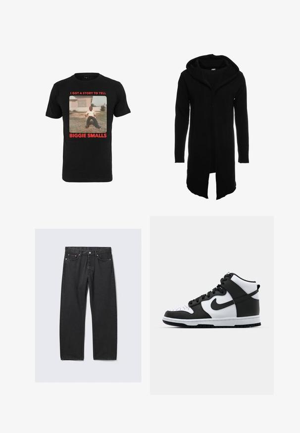 Sort lang hoodie med lynlås fortil, lavet af blødt stof, har hætte og lange ærmer, med lige kant og uden synlige mønstre.; Sort bomulds T-shirt med et vintage billede og rød tekst, der står "I GOT A STORY TO TELL BIGGIE SMALLS" under billedet.; Sorte jeans med lige ben, fem lommer og knaplukning i taljen, lagt fladt på en lys baggrund.; Sort og hvid høj-top sneakers med læderoverdel, perforeret tåboks, fremtrædende swoosh-logo og struktureret gummisål.