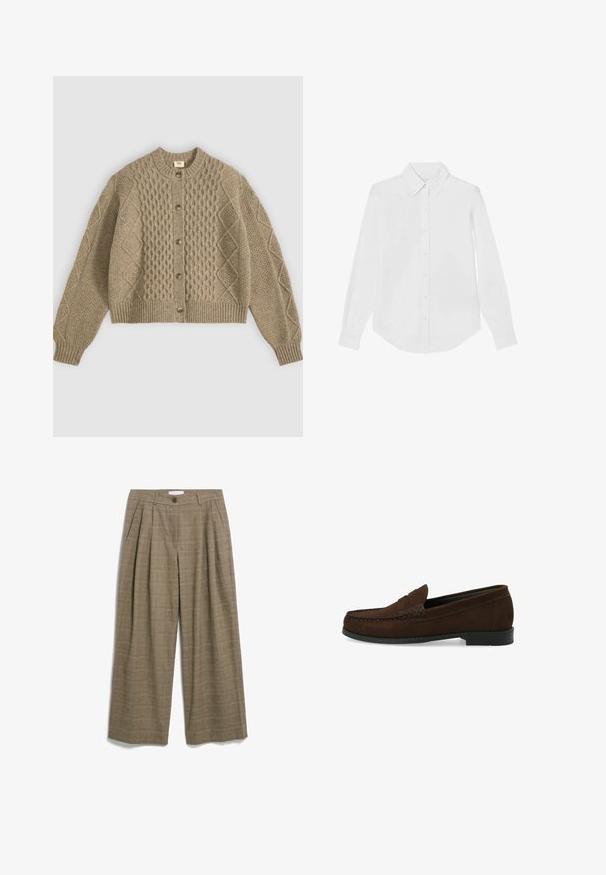 Beige gebreide wollen cardigan met kabel- en diamantpatronen, geribde boorden en zoom, en vijf bruine knopen aan de voorkant.; Witte langemouwen blouse van gladde stof. Kenmerkt zich door een klassieke kraag, afgeronde zoom en knoopmanchetten. Geen zichtbare patronen.; Brede bruine geruite broek met plooien, knoopsluiting en riemlussen, plat gelegd op een witte achtergrond.; Bruine suède instapschoenen met een gestikt moccasin-neus, platte zwarte rubberen zool en een decoratieve bovenband en detail.