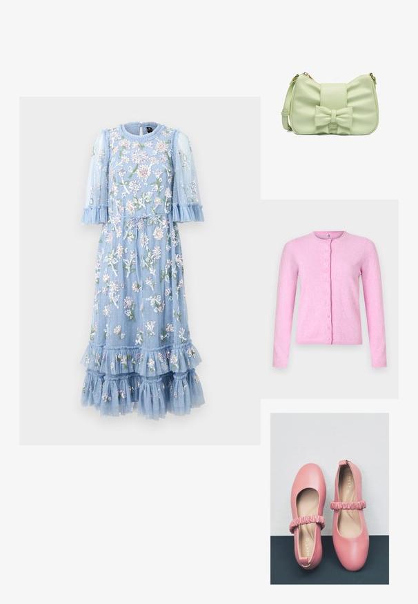 Rosa Strickjacke aus weichem Stoff, mit rundem Ausschnitt, langen Ärmeln und einer vorderen Knopfleiste mit sechs Knöpfen.; Hellblaues, floral besticktes Kleid aus transparentem Stoff mit Rüschensleeven und Rüsche am Saum. Es hat eine Bindegürtel und geschichtete Fransenakzente.; Rosa Leder-Balletschuhe mit abgerundeter Zehe, ausgestattet mit einem gerafften Riemen über dem Spann und einem glatten Innenfutter.; Kleine, hellgrüne Handtasche mit einer Schleifendetail auf der Vorderseite und einem verstellbaren Schulterriemen, dargestellt vor weißem Hintergrund.