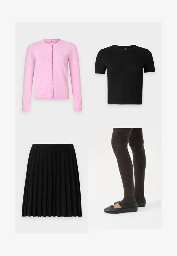 Roze cardigan gemaakt van zachte stof, met een ronde hals, lange mouwen en een opening aan de voorkant met zes knopen.; Zwart nauwsluitend T-shirt met korte mouwen, geribbelde textuur en een ronde halslijn. Eenvoudig ontwerp, zonder zichtbare logo's of versieringen.; Vero Moda Knitted VMMARINA Short - Minirok - black; Benen met donkere geribbelde leggings gecombineerd met zwarte ballerina's met kleine strikdetails op een witte achtergrond.