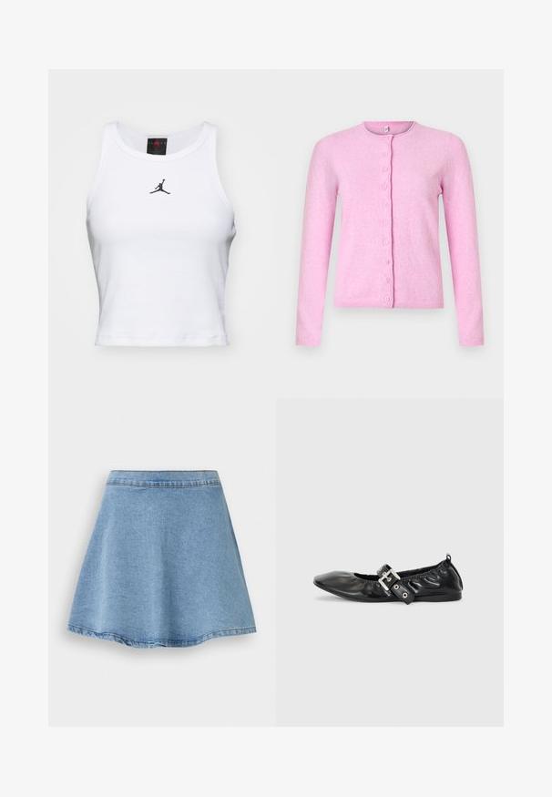 Cárdigan rosa hecho de tela suave, con cuello redondo, mangas largas y parte delantera con seis botones.; Top corto blanco de algodón con textura acanalada. Cuenta con un logo negro de Jordan en el centro y un clásico escote redondo.; Falda de mezclilla azul claro en línea A con costuras visibles a lo largo de la cintura y el dobladillo, mostrada plana sobre fondo blanco.; Zapato plano de piel negra con puntera afilada, detalle fruncido alrededor de la abertura y un acento de hebilla plateada en la correa ajustable.