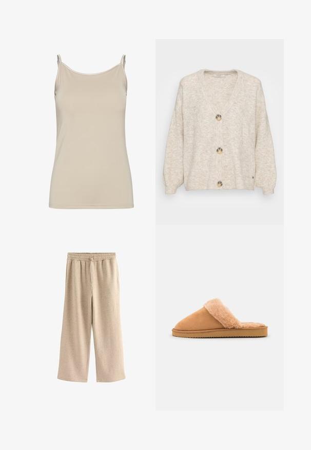 Cardigan en tricot crème avec un col en V, cinq grands boutons métalliques et des poignets et un ourlet côtelés. Texture douce avec un motif marbré.; Débardeur beige en tissu lisse, avec des fines bretelles et un design simple et ajusté, offrant un décolleté épuré sans motifs.; Pantalons larges beiges en tissu doux, dotés d'une taille élastique avec cordon de serrage et d'une texture subtilement mouchetée sur l'ensemble.; Even&Odd Chaussons - cognac