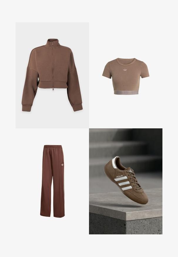 Hnědá krátká bunda na zip s dlouhými rukávy a vysokým límcem na bílém pozadí.; Hnědý žebrovaný crop top s krátkými rukávy, kulatým výstřihem a texturovaným lemem vespod s jemným vzorem loga.; Hnědé široké tepláky s elastickým pasem, bočními zipovými kapsami, bílými bočními pruhy a malým bílým logem na horní levé noze.; Hnědý semišový teniska Adidas Spezial s bílými pruhy a tkaničkami, vznášející se nad šedým betonovým okrajem na pozadí rozostřených schodů.