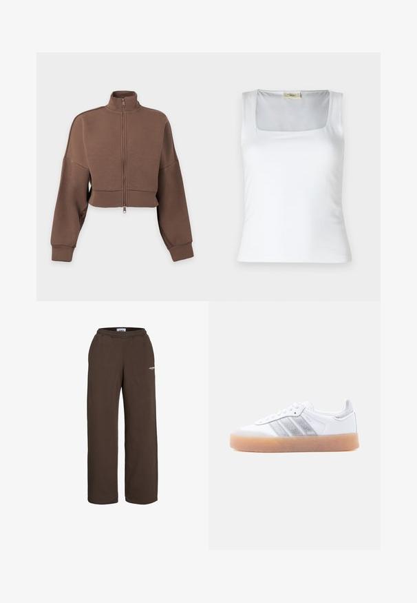 Brun cropped jakke med lynlås, lange ærmer og høj krave på hvid baggrund.; Hvid top med firkantet halsudskæring lavet af glat stof. Har brede stropper og en tætsiddende silhuet. Ingen synlige mønstre eller dekorationer.; Brune vidde-buksede joggingbukser med elastisk talje og lille hvid tekstlogo på den øverste lår mod en hvid baggrund.; Hvid lavtop-sneaker med gum-gummisål, sølvstribede sideaccents og snørelukning, vist mod en ensfarvet lys baggrund.