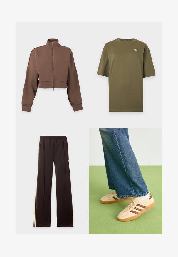 Chaqueta marrón corta con cremallera, mangas largas y cuello alto sobre fondo blanco.; Camiseta de manga corta color verde oliva con cuello redondo y pequeño logotipo blanco de trébol de Adidas en el lado izquierdo del pecho.; Pantalones de chándal negros con rayas amarillas laterales, cintura elástica, bolsillos laterales con cremallera y un pequeño logo en el muslo superior.; Zapatillas beige con paneles de crema texturizados y rayas marrones, combinadas con unos jeans de mezclilla azul. Los jeans tienen un corte de pierna ancha y dobladillo deshilachado.