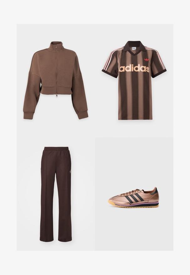 Braune kurze Reißverschlussjacke mit langen Ärmeln und hohem Kragen auf weißem Hintergrund.; Braunes gestreiftes Adidas-Poloshirt mit V-Ausschnitt, bordeauxrotem Kragen und rotem Logo. Mit weißen und roten Schulterstreifen, kurzen Ärmeln.; Braune Sporthose mit einem elastischen Bund, zwei Seitentaschen und einem kleinen Logo auf der linken Seite, gefertigt aus weichem Stoff.; Bronzene Sportschuh mit drei schwarzen Streifen, glatter Textur, Schnürdesign, kontrastierende hellbraune Sohle mit lila Akzenten, im Retro-Stil.