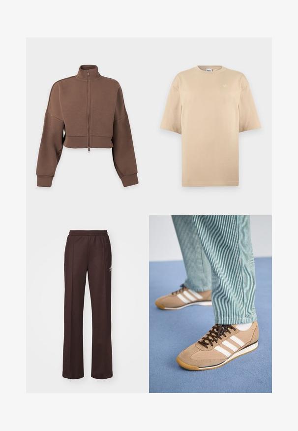 Bruine cropped jas met rits, lange mouwen en hoge kraag op een witte achtergrond.; Beige oversized T-shirt met korte mouwen, ronde hals en klein wit Adidas trefoil-logo op de linker bovenborst.; Bruine sportieve broek met een elastische tailleband, twee zijzakken en een klein logo aan de linkerzijde, gemaakt van een zachte stof.; Tan suede en mesh sneakers met bruine veters en drie witte strepen. Gecombineerd met groene en witte gestreepte broeken, rustend op een blauwe ondergrond.
