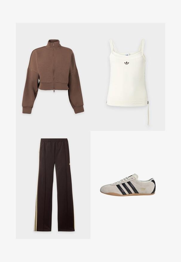 Hnedá krátka bunda na zips s dlhými rukávmi a vysokým golierom na bielom pozadí.; Krémové tielko s tenkými ramienkami; čierne logo Adidas na prsiach. Hladká látka s detailom sťahovacieho šnúrky na leme. Jednoduchý dizajn.; Čierne tepláky so žltými bočnými pruhmi, elastickým pásom, bočnými vreckami na zips a malým logom na hornej časti stehna.; Semišové tenisky so šedým zvrškom, čiernymi pruhmi a gumovou podrážkou. Majú šnurovanie a zlatý logový detail na boku.