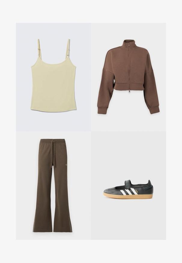 Brown cropped zip-up jacket with long sleeves and high collar on a white background.; Light yellow ribbed camisole with adjustable thin shoulder straps, straight hem, laid flat on a neutral background.; Brown wide-leg sweatpants with elastic waistband, drawstring, and small Adidas logo on left thigh, displayed on white background.; Black leather and suede sneaker with a Velcro strap, featuring three white stripes and a gum sole, labeled "SAMBA" on the side.